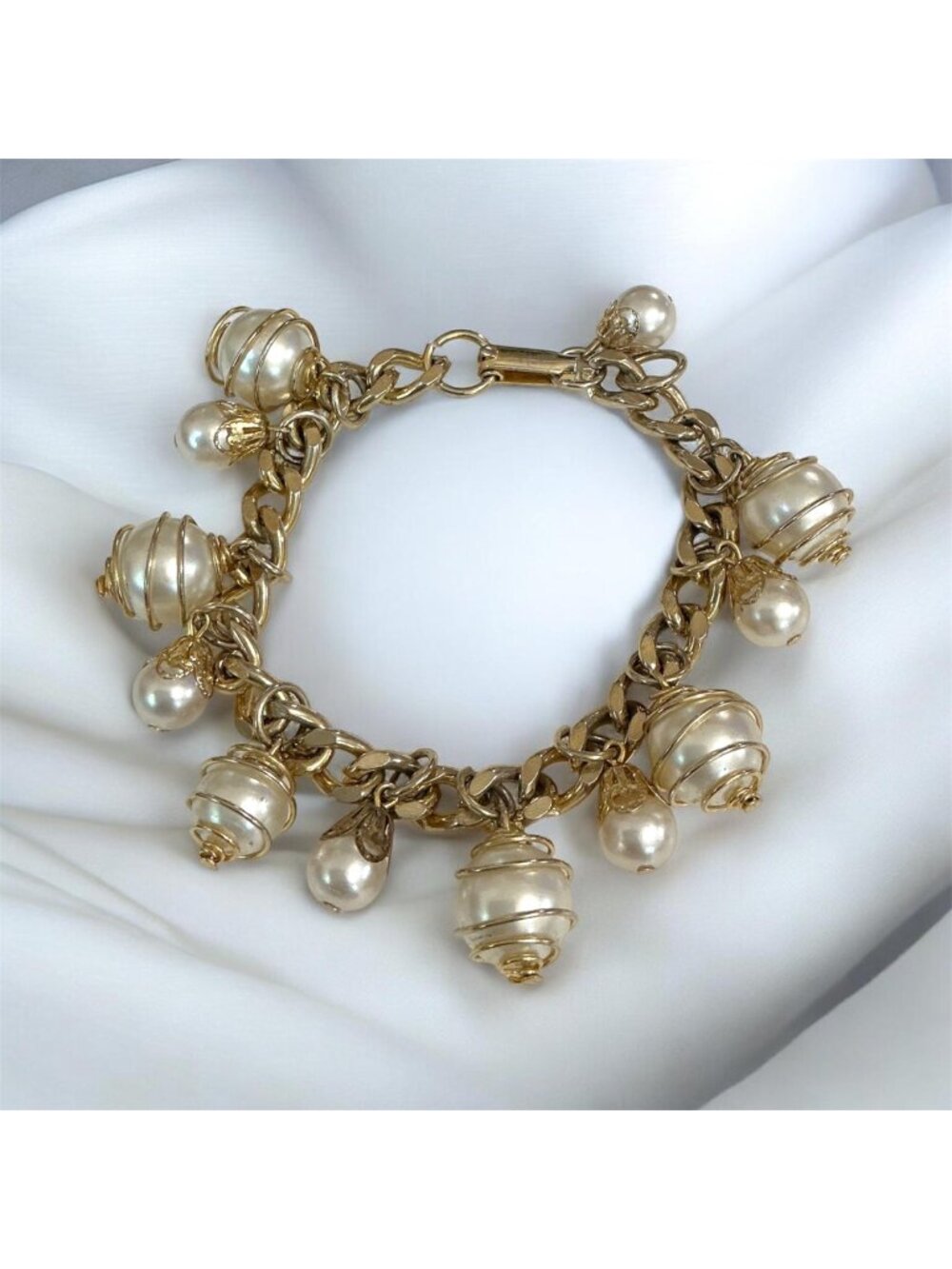 Vintage 7-Inch Gold-Tone Bracelet With Faux Pearl Cha Cha  Charms & Wire-Wrapped